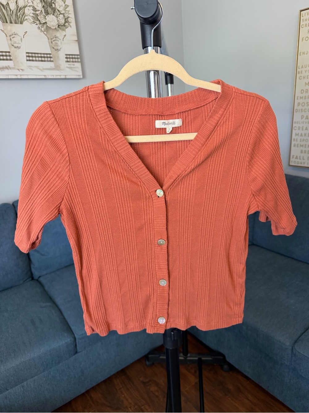 Madewell Terra Cotta Ribbed Button-Front V-Neck Top